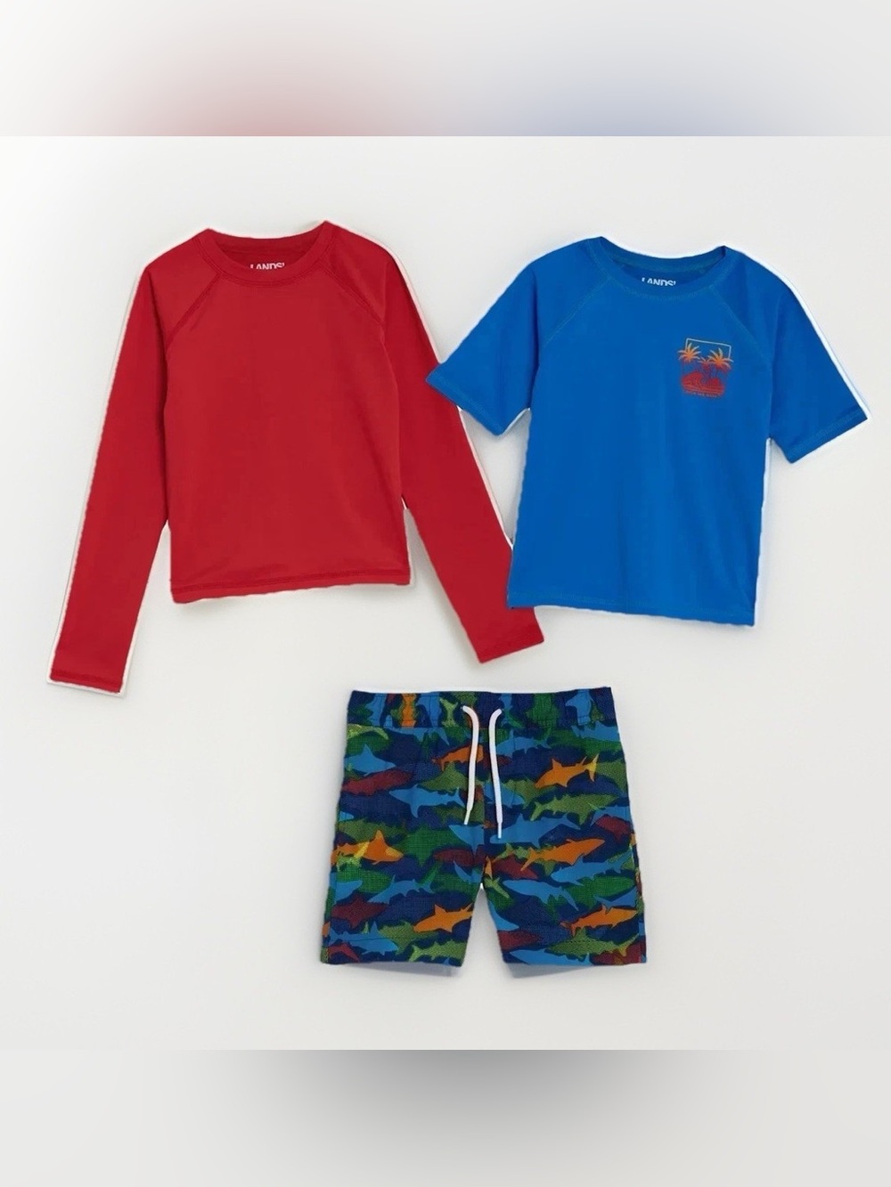 Lands' End 3 Piece Swim Set Rash-Guard Trunks Boy's Size 4T Red Shark Print